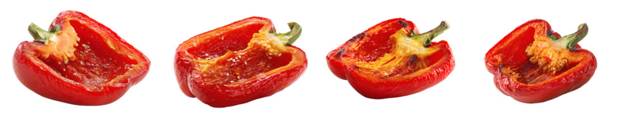 Detailed Image of a Grilled Red Bell Pepper Cut in Half, Isolated Food Photo, PNG set with transparent background