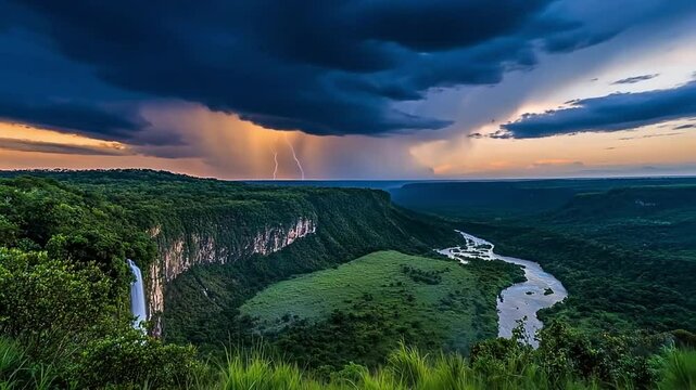 Dramatic stormy landscape with lightning over a lush valley.
