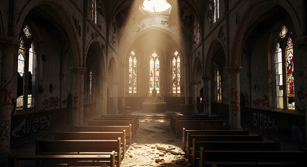 Sunbeams illuminate the dusty interior of a ruined graffiti-covered church