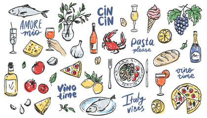 Whimsical Italian Food Doodle with Vintage Summer Vibe. Pasta on a Plate, Wine Bottle and Pizza Slices