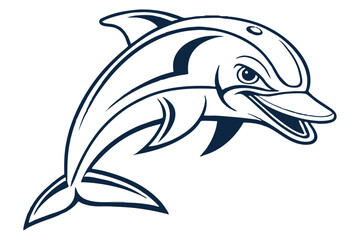 A minimalist outlined dolphin playfully glides with sleek curved form in black and white