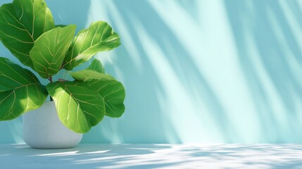Fiddle leaf fig plant in white pot with dappled light