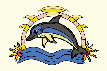 Naklejka premium Striking monochrome dolphin gracefully leaps forward, its elegant curves defined by bold lines