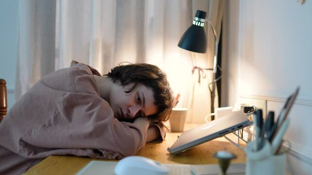 Depressed exhausted woman lying with head on table beside laptop, mental fatigue and disengagement. Work burnout, motivational loss, emotional numbness, task avoid, digital overload, indoor inertia