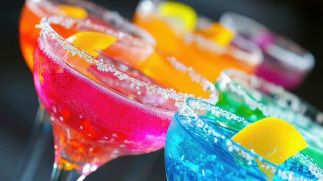 Close-up shot of two colorful drinks with ice and garnishes