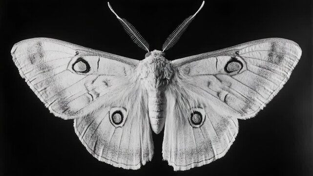 A close-up of a moth's body and wings in monochrome