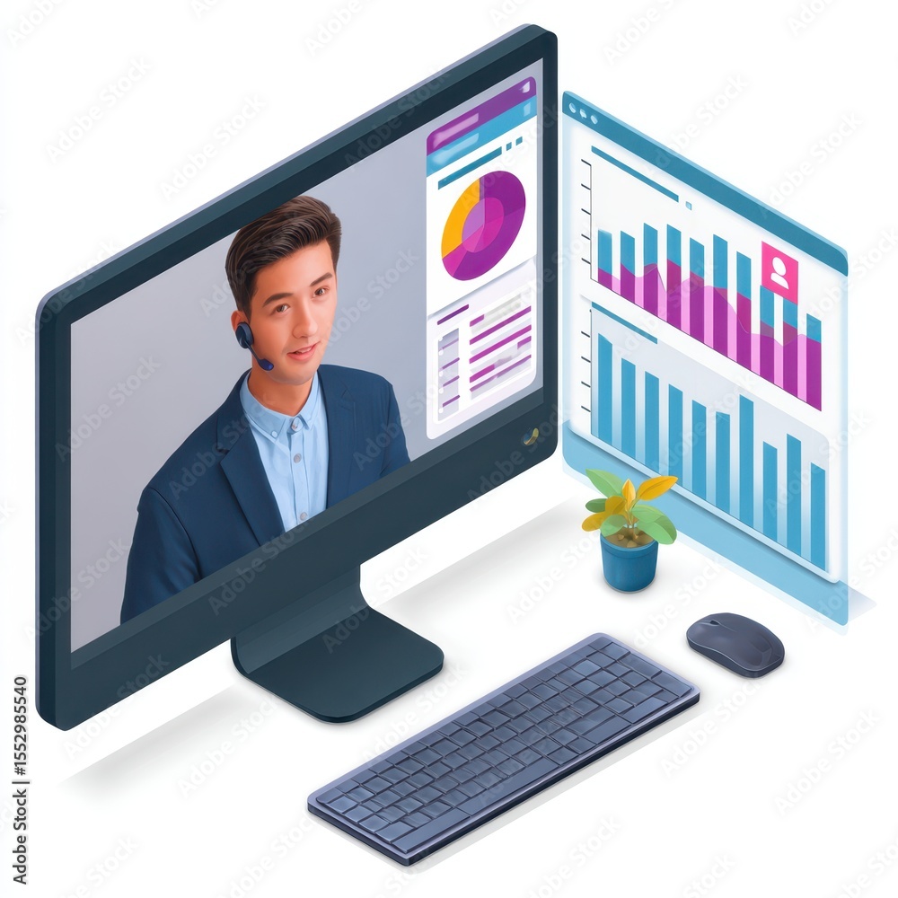 Fototapete Man in suit with headset on computer screen discussing financial charts and data analysis isolated on white background