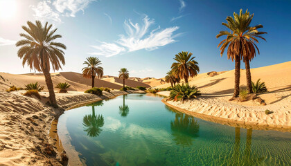 the image shows a serene oasis nestled within a vast desert landscape.  clear, turquoise water forms a calm pool, reflecting the blue sky and scattered clouds above