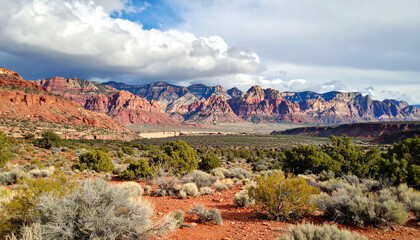 Naklejka premium the image depicts a desert landscape under a partly cloudy sky. the foreground features a red ground covered with sparse vegetation of desert brush and small trees