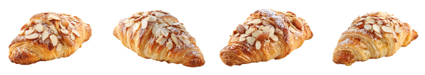 Delicious Almond Croissant with Powdered Sugar Topping Detail Isolated PNG set with transparent background