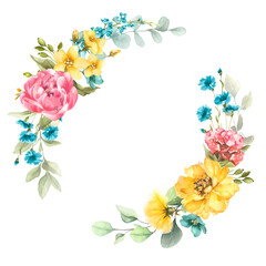 A graceful floral wreath of watercolor roses and peonies in pink, red, and yellow, intertwined with soft greenery radiating warmth, charm, and seasonal elegance