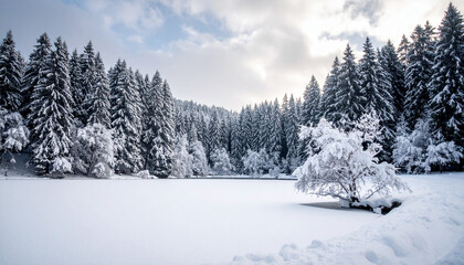 the image captures a winter landscape with a snow covered field bordered by a dense evergreen forest. the trees are heavily laden with snow, creating a stark contrast against the lighter sky