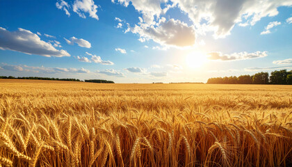 Obraz premium a landscape view reveals a large field of golden grain stretching out under a bright, sunlit sky. the sky is filled with soft, white clouds scattered across the blue