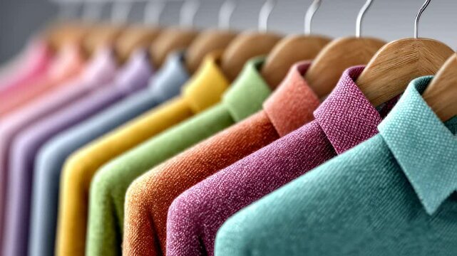 Elegant Display of Vividly Colored Shirts on Hangers, Fashionable Clothing Assortment