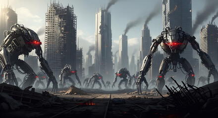 Giant robots with glowing red eyes in a ruined smoke-filled city