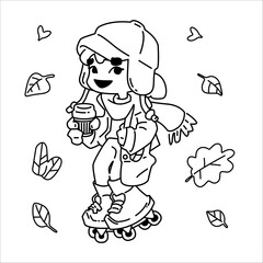 Fototapeta premium Autumn Roller Kid Coloring Page. Outline drawing of a child in autumn outfit roller skating with drink in hand, surrounded by falling leaves. Black and white cartoon coloring page.