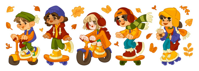 Cartoon Autumn Kids on Wheels. Five kids in autumn outfits riding scooter, skateboard, balance bike, roller skates, and walking. Flat cartoon style with falling leaves, isolated on white background.