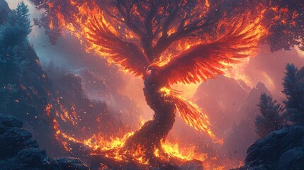 Fiery, mythical tree with wings of fire in a dramatic landscape.