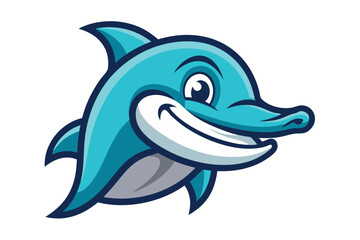 Cartoon blue dolphin with a cheerful smile swims gracefully towards the viewer