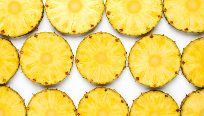 the image displays a set of bright yellow fruit slices arranged on a solid white surface. each slice is round, with a textured rind visible around the edges