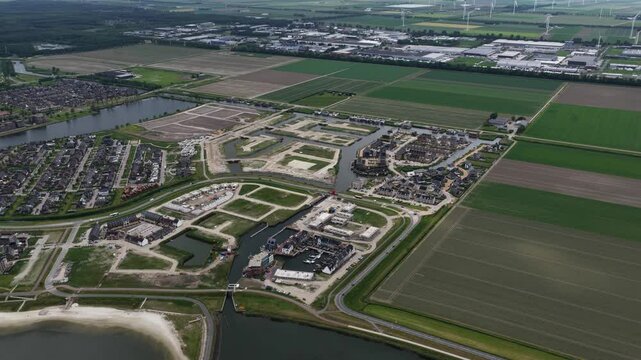 New build residential area in Zeewolde, Flevoland, The Netherlands. Aerial drone view.