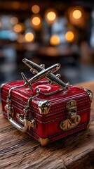 Red suitcase, airplane model, cafe, travel