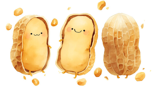 Cute cartoon peanuts in various poses, showcasing their playful expressions and textures, surrounded by scattered peanut shells, creating a whimsical food illustration concept
