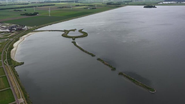 Recreational island in the shape of a tulip, flower, landscape architecture. Zeewolde, Flevoland, The Netherlands.