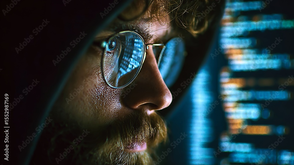 Poster hooded man examining computer screen with code, highlighting cyber security issues in digital age.
