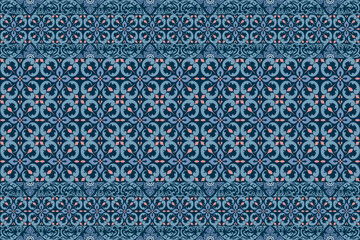 Seamless ornamental pattern with floral and geometric motifs in blue tones. Ideal for textile, wallpaper, tiles, wrapping paper, and vintage-inspired decorative design projects