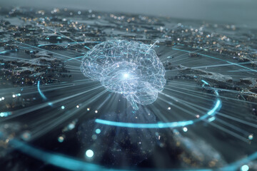Abstract ai brain with neon neural network and holographic global interface
