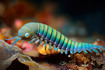 Opabinia with five eyes crawling on vibrant cambrian seafloor close-up