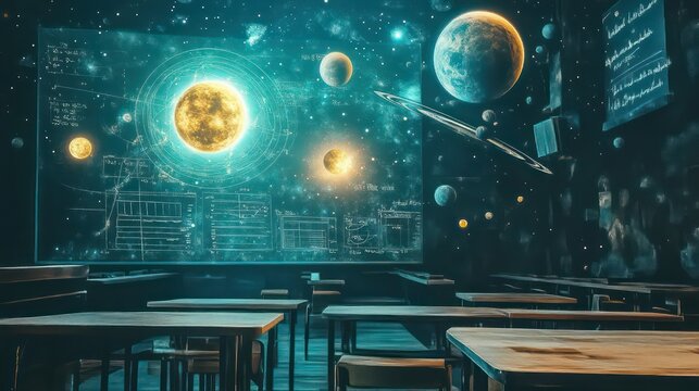 Cosmic Classroom: Planets and Equations on a Blackboard in an Empty Schoolroom