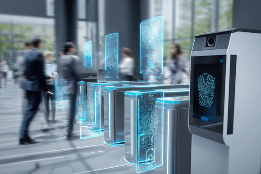Modern biometric access control with fingerprint and facial scan in corporate lobby