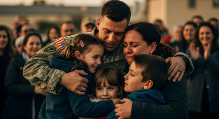 An emotional military family shares a group hug during a soldier's homecoming