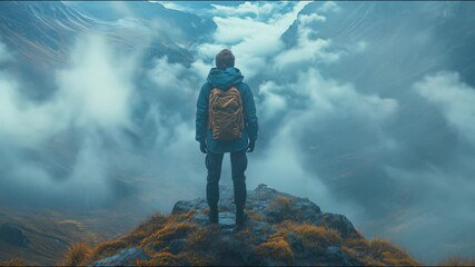 A lone backpacker stands on top of a cliff, peering into the cloudy mist that fills the majestic mountain valley.