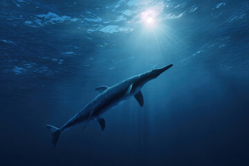 Naklejka premium Ichthyosaurus gliding through clear mesozoic ocean with sunlight filtering from above