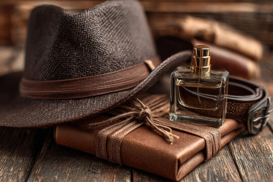 Stylish father's day gift set with hat, perfume, and belt on dark wood surface