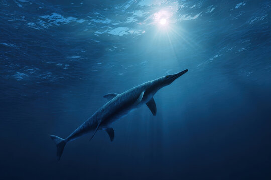 Ichthyosaurus gliding through clear mesozoic ocean with sunlight filtering from above
