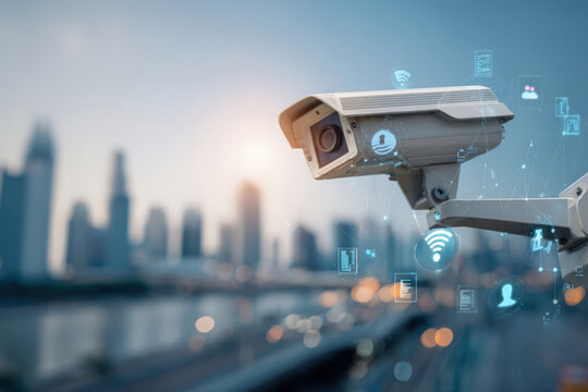 Futuristic cctv camera with digital network overlay in smart city skyline