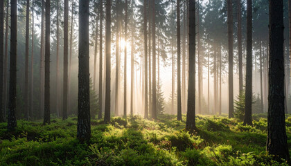 Fototapeta premium a serene woodland scene presents numerous tall, slender trees reaching upwards toward a light source