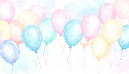 a collection of inflated celebration objects floats on a light background. the objects vary in color, with shades of pink, blue, yellow, and green