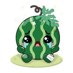 Sad And Crying Watermelon Cartoon Character With Wound On His Body Sitting On The Green Grass