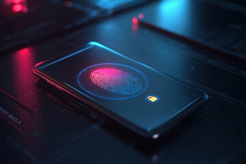 Futuristic smartphone scanning fingerprint with glowing shield and digital padlock