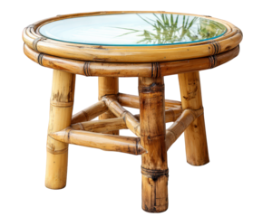 Bamboo coffee table with round glass top, natural finish, tropical style, isolated on transparency background, eco friendly furniture, relaxed and inviting atmosphere