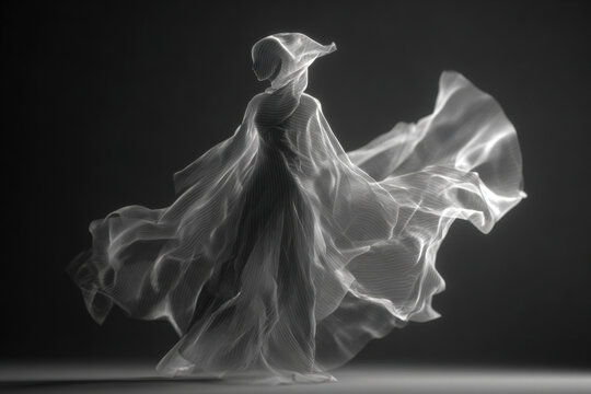 Flowing fabric silhouette in motion resembling ghostly dancer with ethereal elegance
