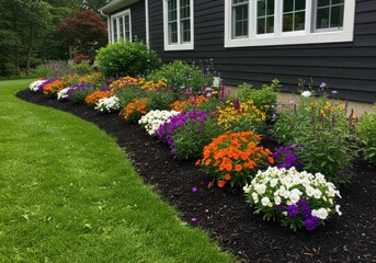 Colorful flower bed with black mulch along a dark house exterior
