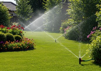 Sprinklers watering a green lawn with colorful flowers in a garden on a sunny day