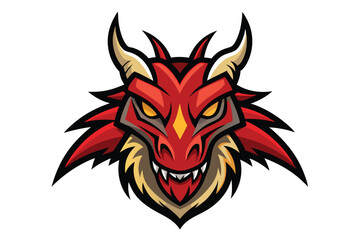 Sharp fangs and golden horns adorn the red dragon head glaring fiercely on white