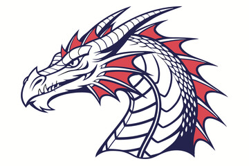 Red crested dragon looks menacingly outward with a dark outline defining its fearsome features